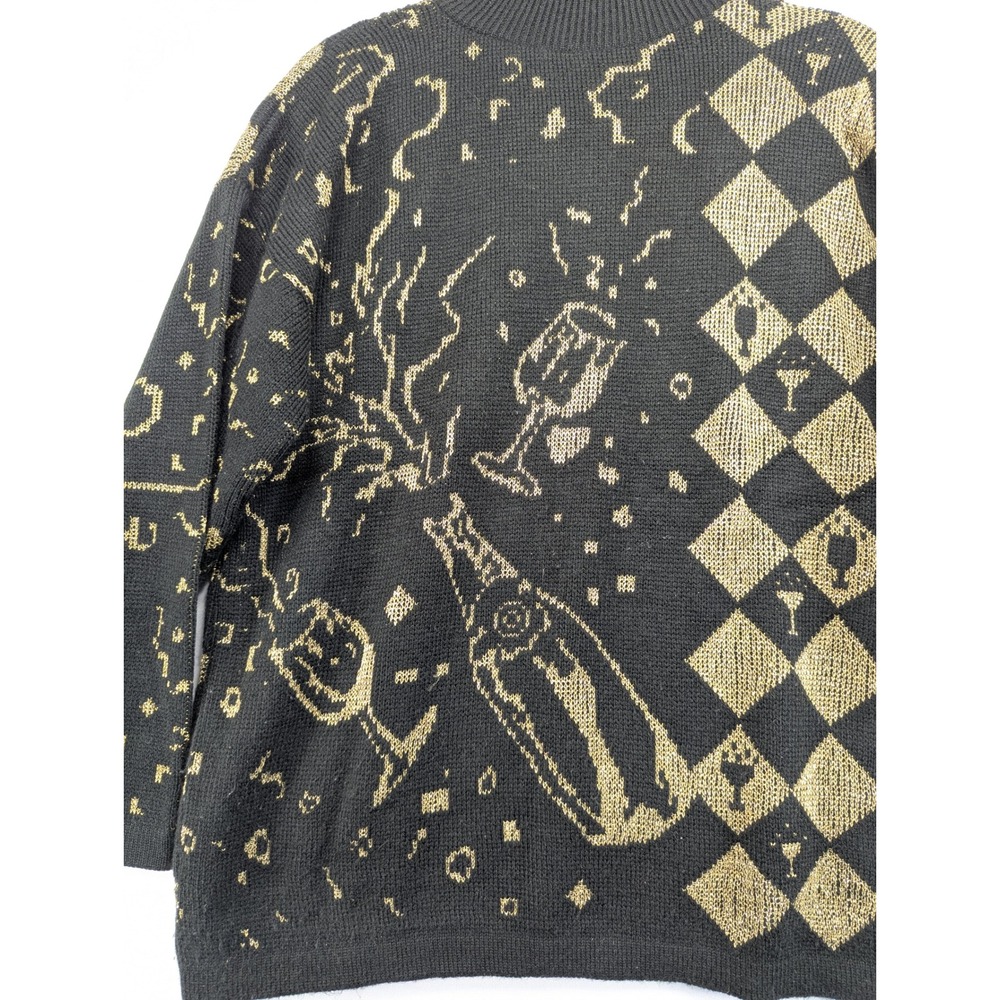 Justin Allen Vintage Black Gold Champagne Harlequin Metallic Knit Sweater USA - Picture 7 of 12